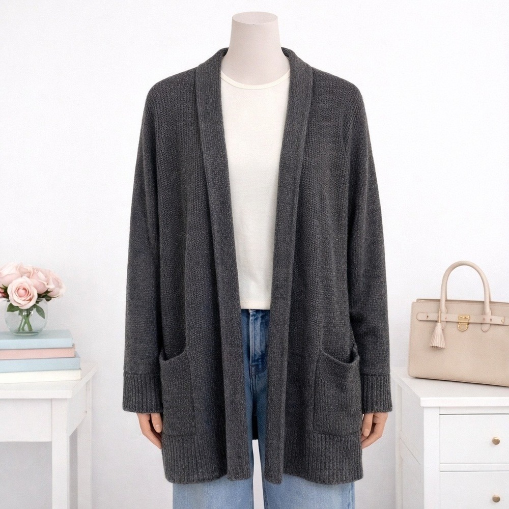 J Crew Sz Large Cardigan Sweater Wool Alpaca Gray Preppy Pockets Office Career